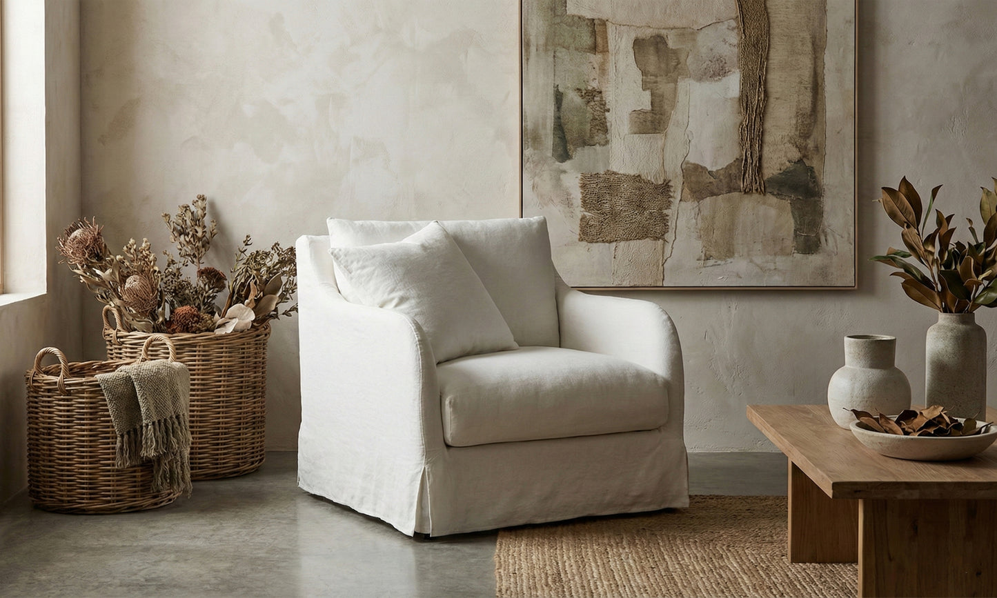 NS Vera off-white linen lounge chair in a living room